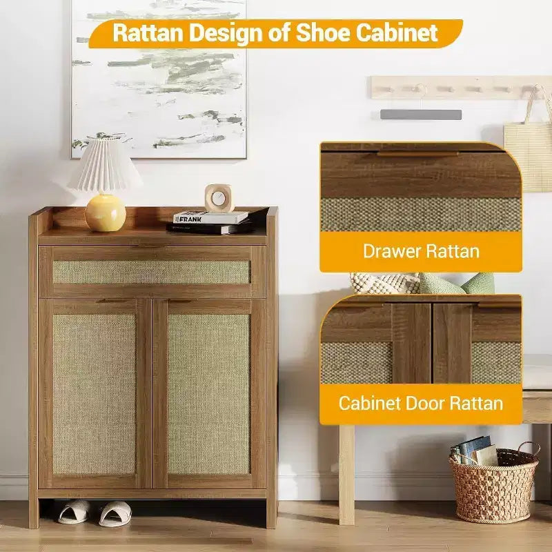 Set di 2 Mobili Portascarpe in Rattan con Cassetto e Ripiani Regolabili