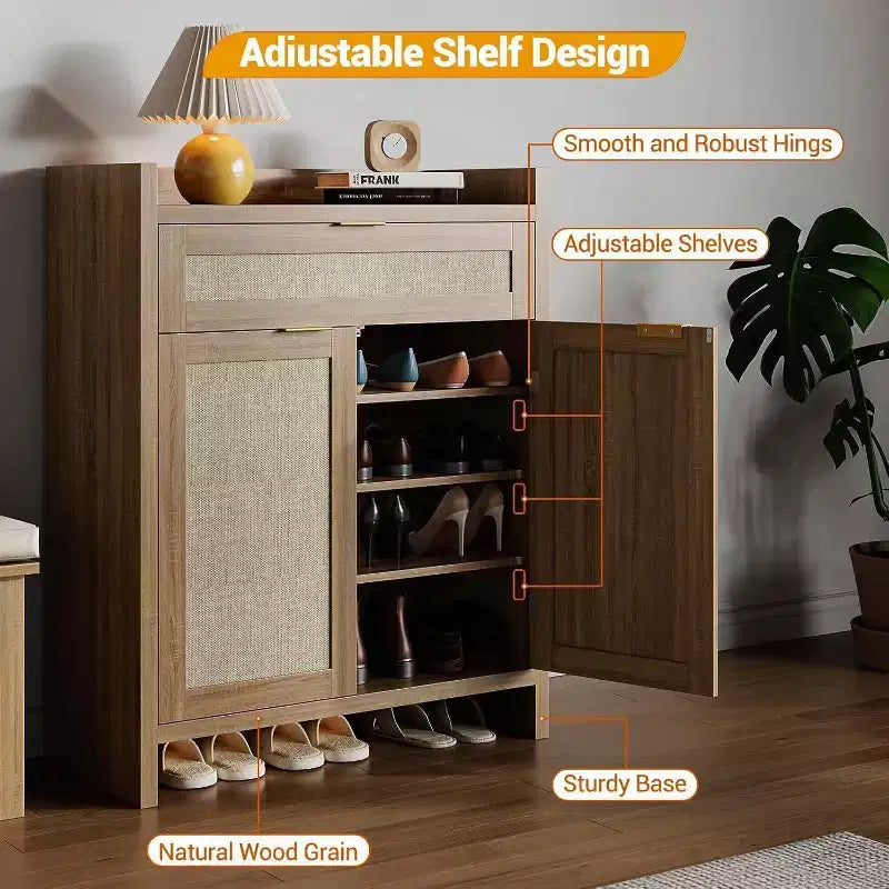 Set di 2 Mobili Portascarpe in Rattan con Cassetto e Ripiani Regolabili