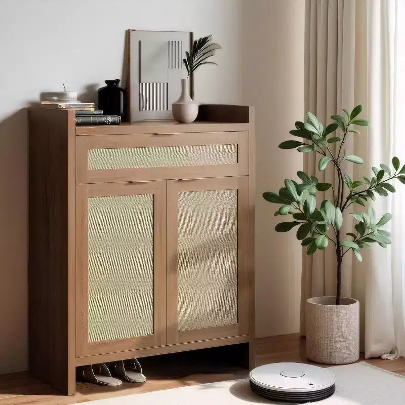 Set di 2 Mobili Portascarpe in Rattan con Cassetto e Ripiani Regolabili