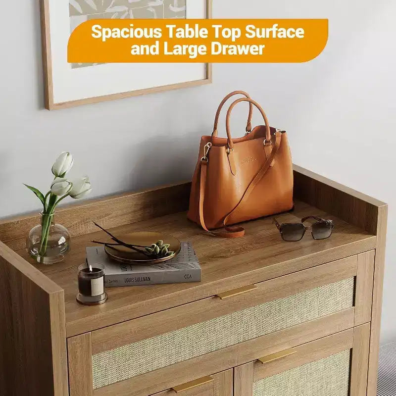 Set di 2 Mobili Portascarpe in Rattan con Cassetto e Ripiani Regolabili
