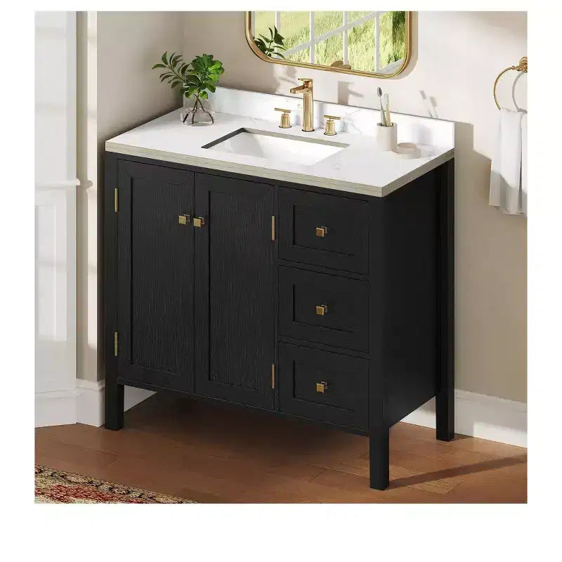 Mobile bagno da 90 cm con lavabo in ceramica, 3 cassetti e 2 ante con chiusura ammortizzata