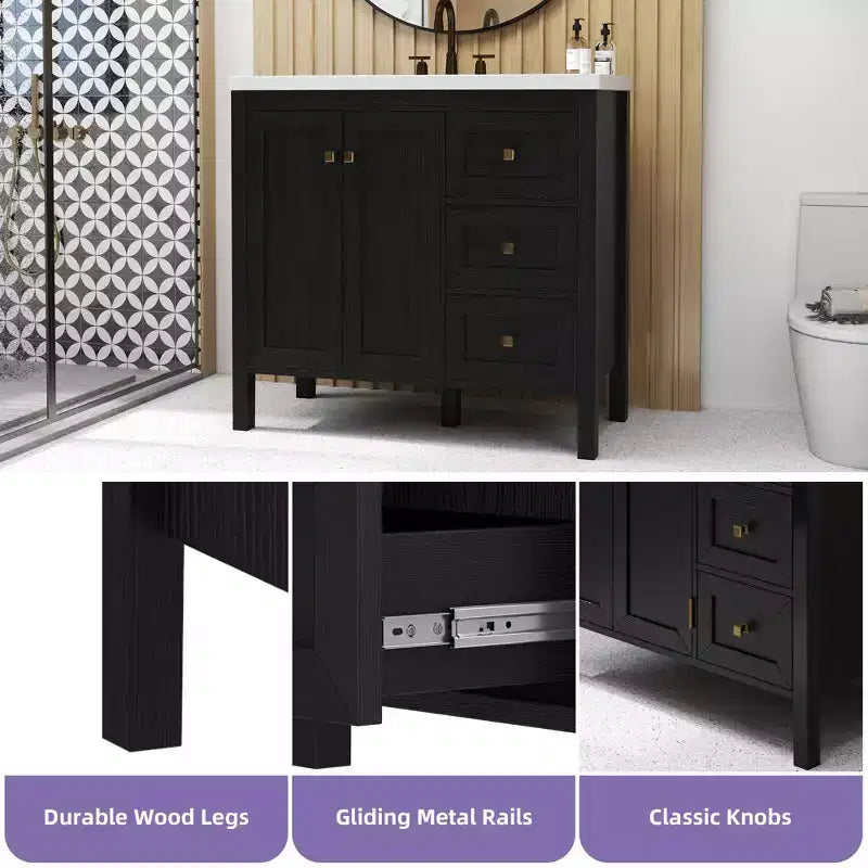 Mobile bagno da 90 cm con lavabo in ceramica, 3 cassetti e 2 ante con chiusura ammortizzata