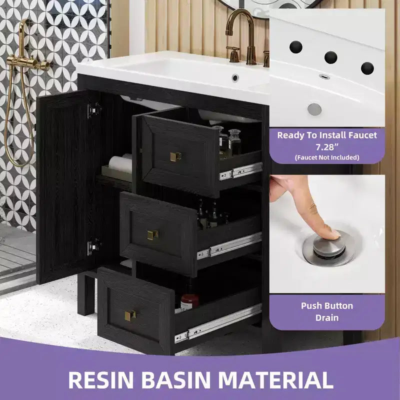 Mobile bagno da 90 cm con lavabo in ceramica, 3 cassetti e 2 ante con chiusura ammortizzata