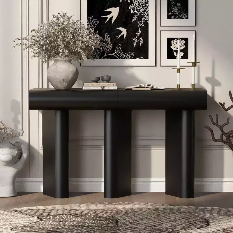 Consolle da ingresso stretta con cassetto curvo e gambe geometriche