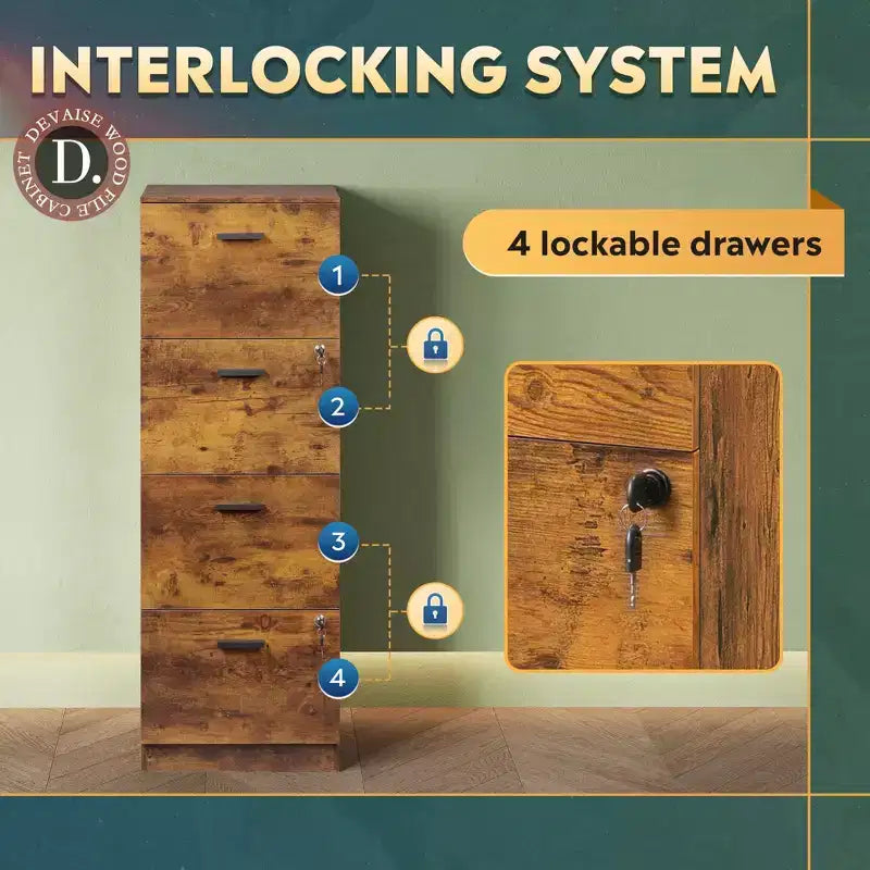 Classificatore verticale a 4 cassetti con serratura – Organizzatore in legno per l'ufficio domestico