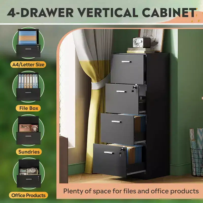 Classificatore verticale a 4 cassetti con serratura – Organizzatore in legno per l'ufficio domestico