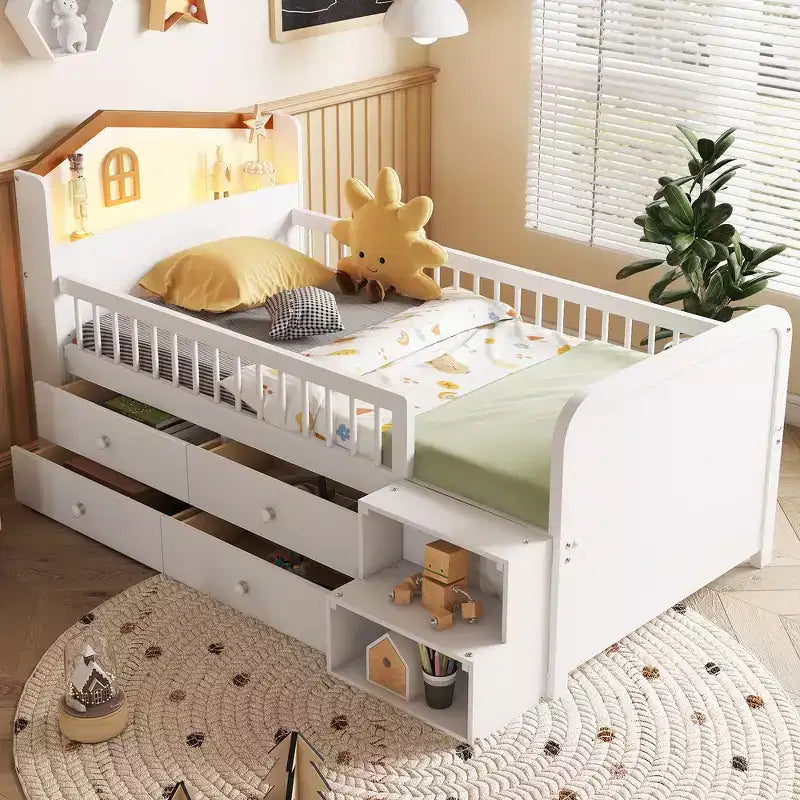 Letto a soppalco basso per ragazzi con luci LED, testiera a forma di casa e cassetti portaoggetti