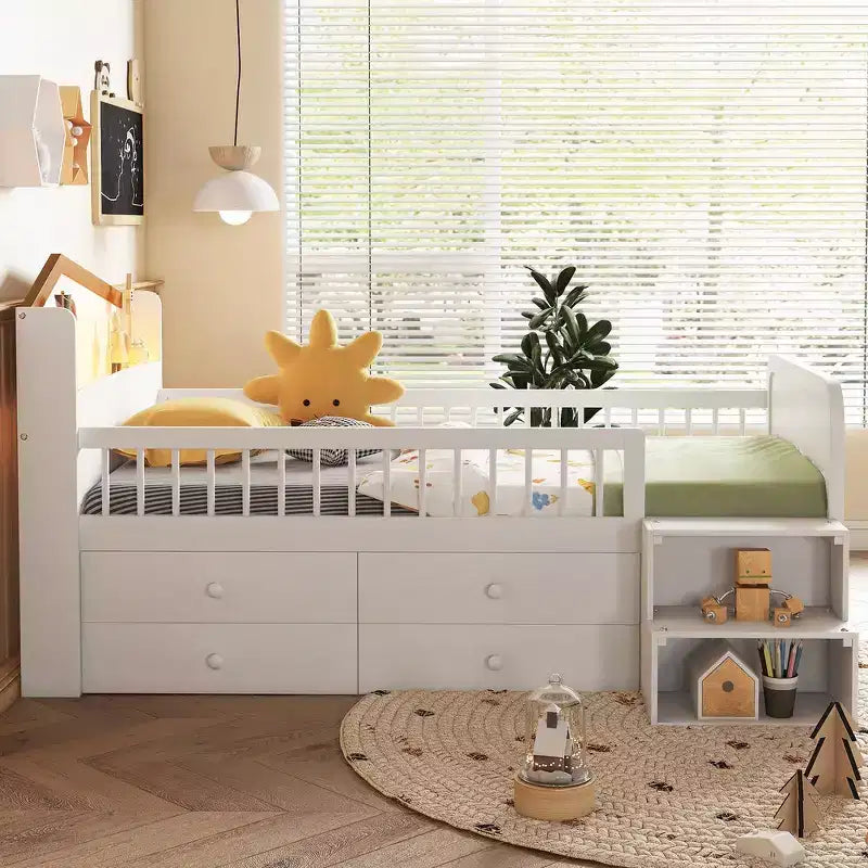 Letto a soppalco basso per ragazzi con luci LED, testiera a forma di casa e cassetti portaoggetti