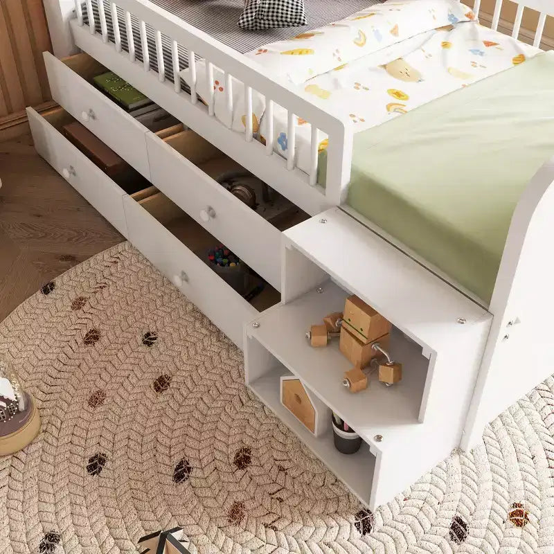 Letto a soppalco basso per ragazzi con luci LED, testiera a forma di casa e cassetti portaoggetti