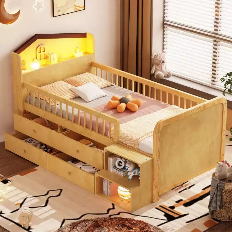 Letto a soppalco basso per ragazzi con luci LED, testiera a forma di casa e cassetti portaoggetti
