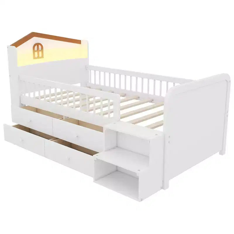 Letto a soppalco basso per ragazzi con luci LED, testiera a forma di casa e cassetti portaoggetti