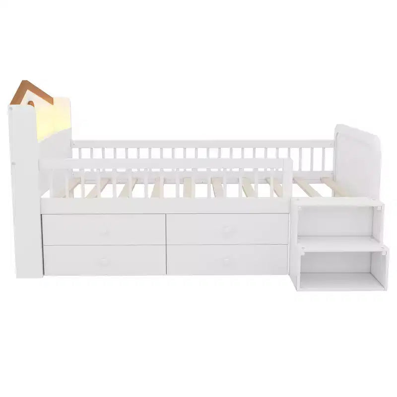 Letto a soppalco basso per ragazzi con luci LED, testiera a forma di casa e cassetti portaoggetti