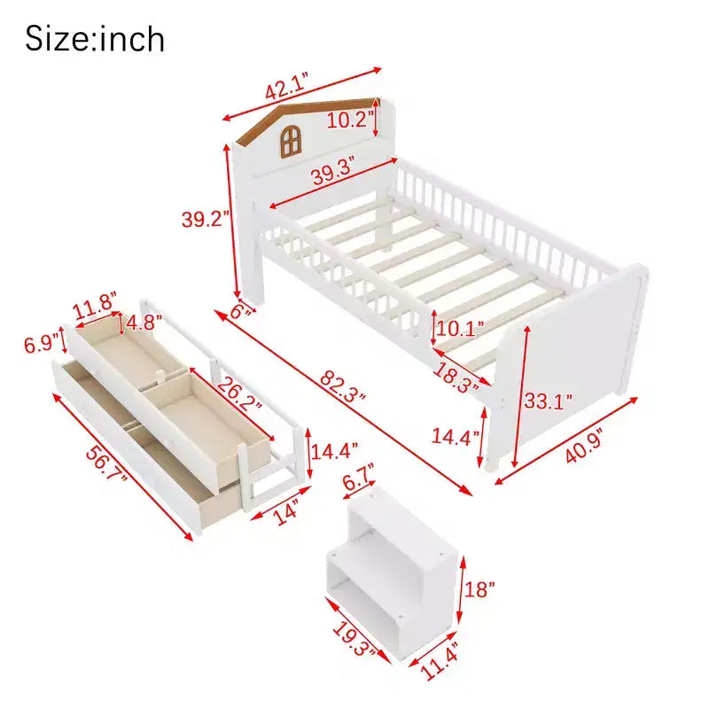 Letto a soppalco basso per ragazzi con luci LED, testiera a forma di casa e cassetti portaoggetti