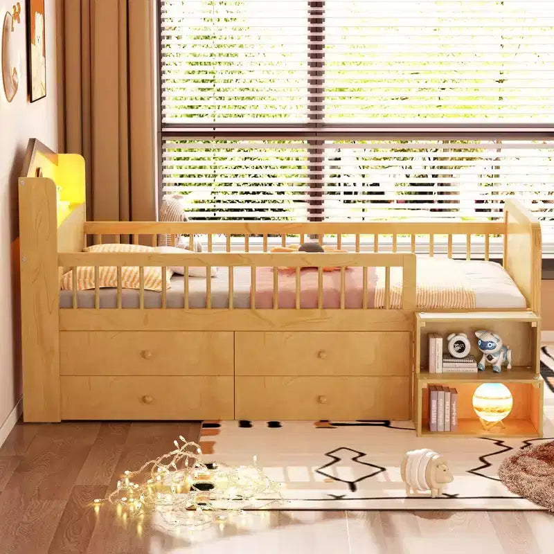 Letto a soppalco basso per ragazzi con luci LED, testiera a forma di casa e cassetti portaoggetti