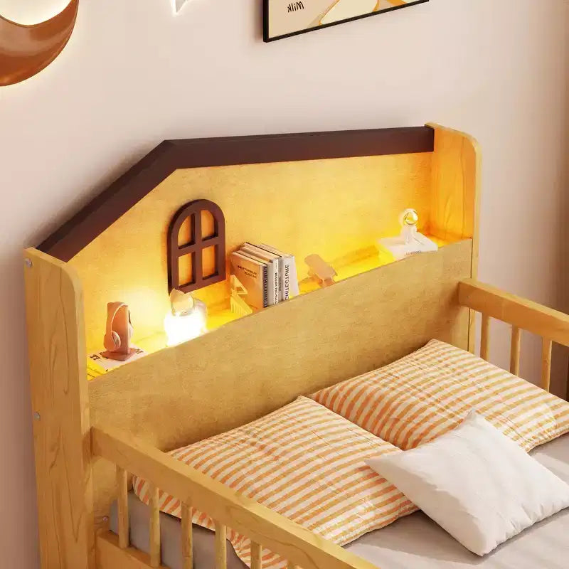 Letto a soppalco basso per ragazzi con luci LED, testiera a forma di casa e cassetti portaoggetti