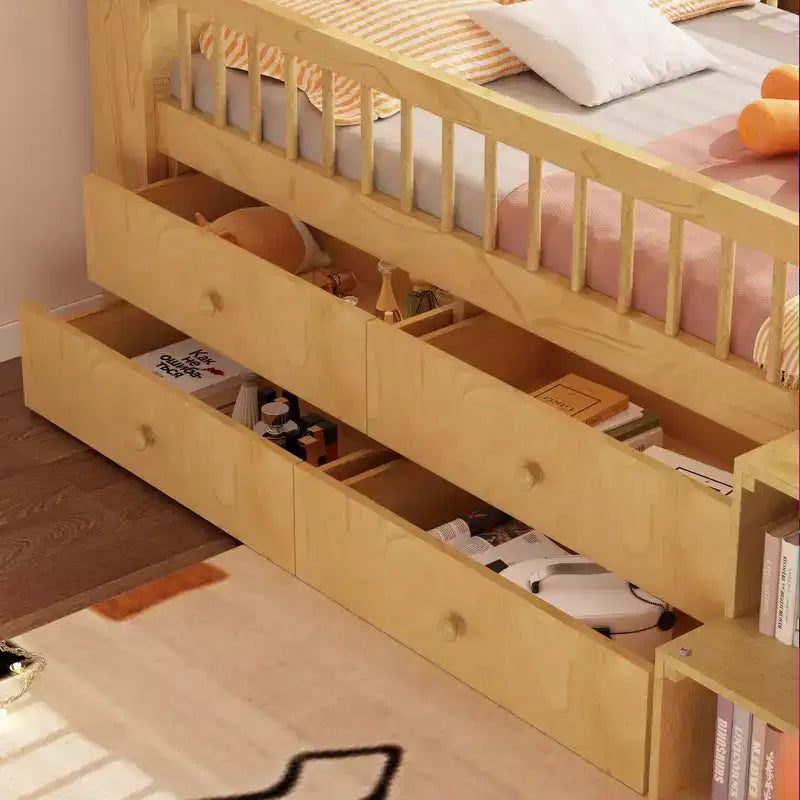 Letto a soppalco basso per ragazzi con luci LED, testiera a forma di casa e cassetti portaoggetti