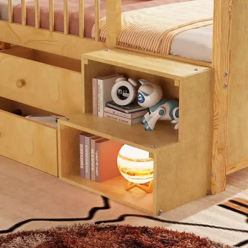 Letto a soppalco basso per ragazzi con luci LED, testiera a forma di casa e cassetti portaoggetti