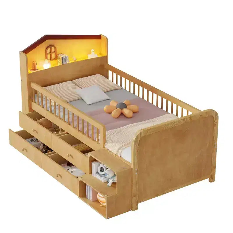Letto a soppalco basso per ragazzi con luci LED, testiera a forma di casa e cassetti portaoggetti