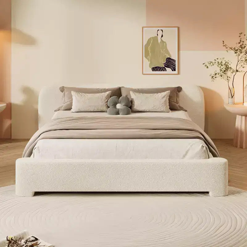 Struttura Letto Imbottita con Testiera in Tessuto Bouclé – Matrimoniale / Queen / King, Bianca