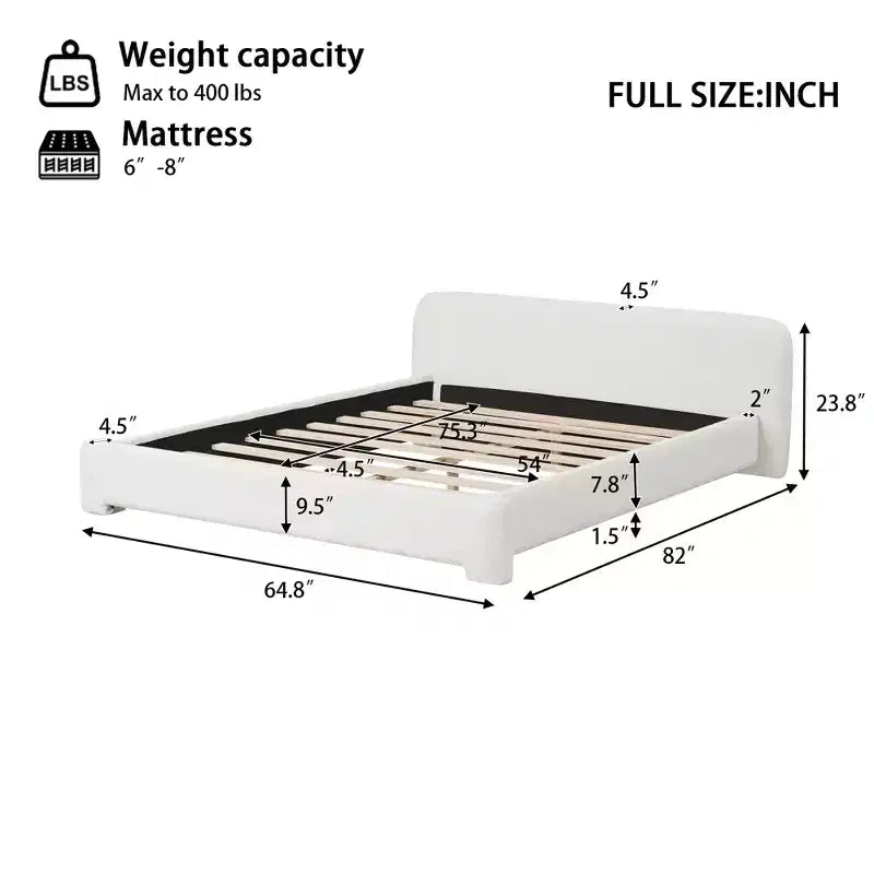 Struttura Letto Imbottita con Testiera in Tessuto Bouclé – Matrimoniale / Queen / King, Bianca