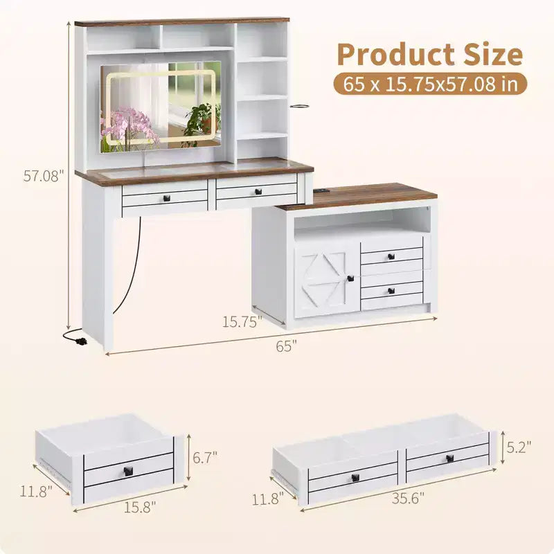 Toeletta angolare con specchio LED, piano in vetro, prese incorporate e USB, 1 anta, 4 cassetti, 7 ripiani