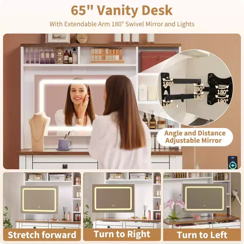 Toeletta angolare con specchio LED, piano in vetro, prese incorporate e USB, 1 anta, 4 cassetti, 7 ripiani
