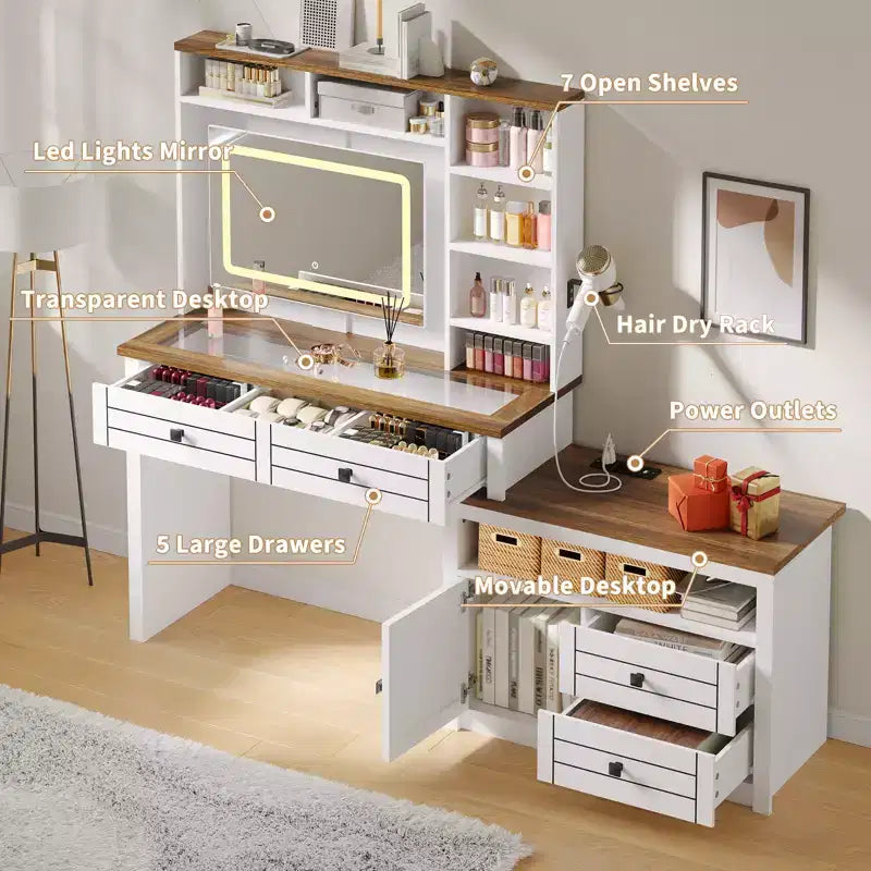 Toeletta angolare con specchio LED, piano in vetro, prese incorporate e USB, 1 anta, 4 cassetti, 7 ripiani