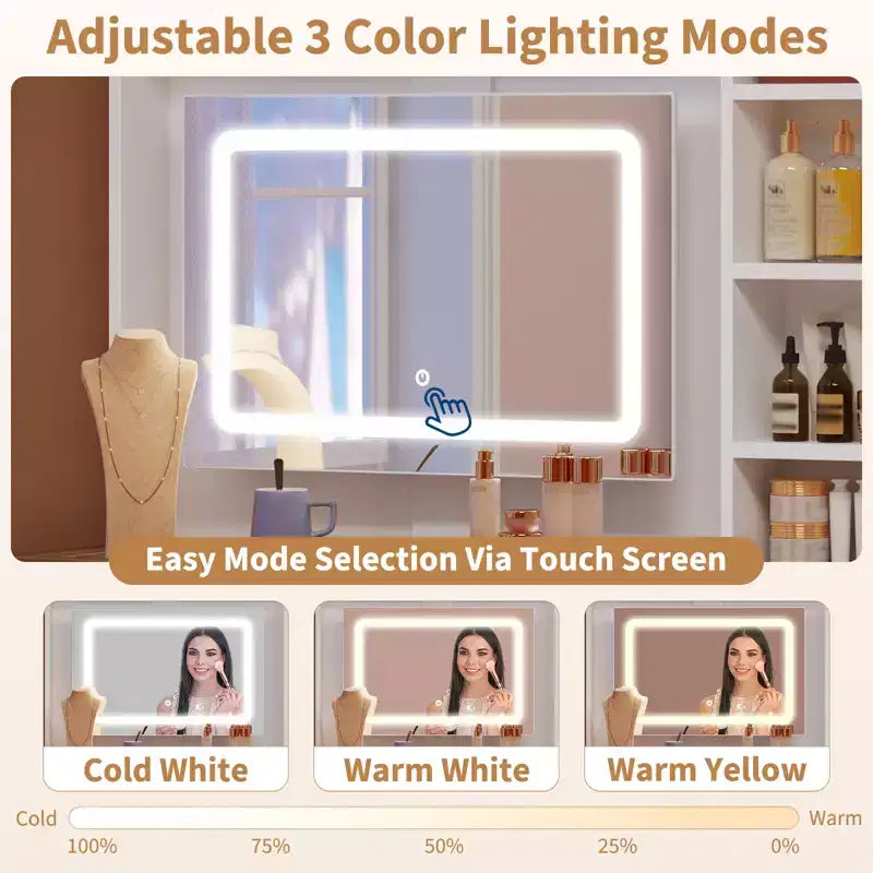 Toeletta angolare con specchio LED, piano in vetro, prese incorporate e USB, 1 anta, 4 cassetti, 7 ripiani