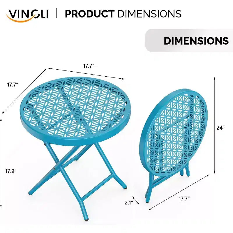 Tavolino pieghevole rotondo da esterno – in metallo blu con motivo floreale