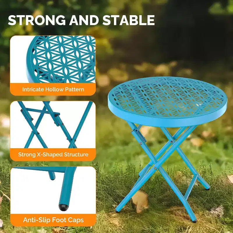 Tavolino pieghevole rotondo da esterno – in metallo blu con motivo floreale