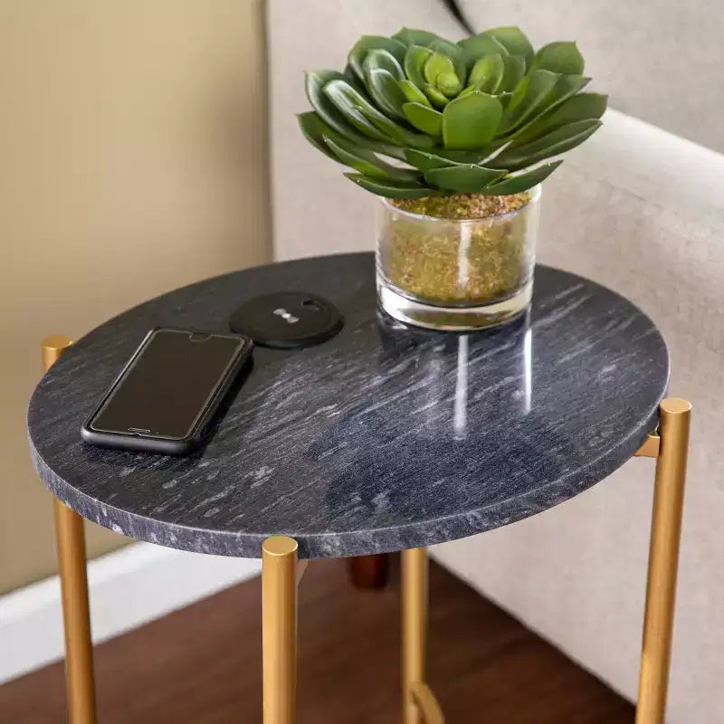 Tavolino Rotondo con Piano in Marmo e Ricarica Wireless
