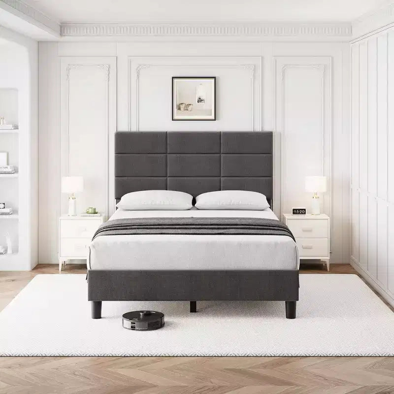 Struttura letto imbottita in lino con testiera regolabile