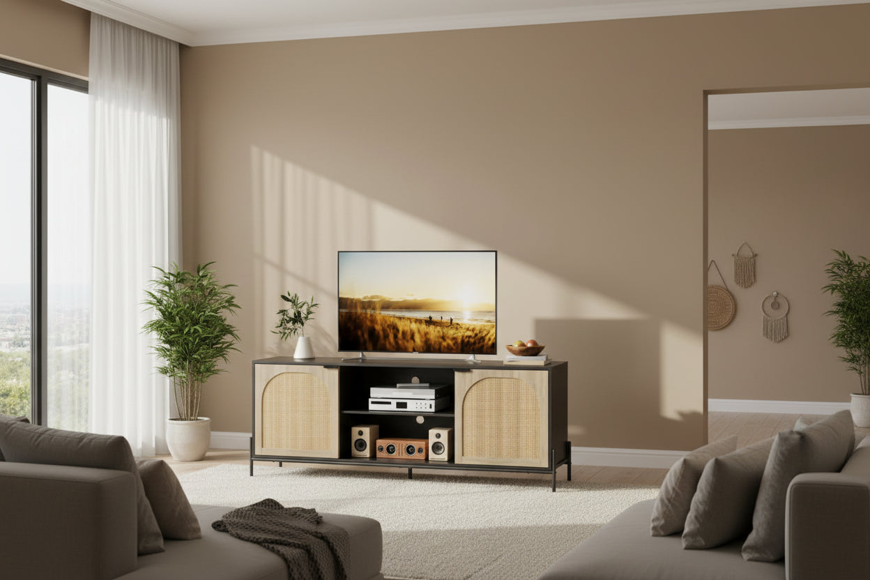 Living room TV cabinet with three drawers, entertainment centre with storage functionality, rattan media unit with metal legs