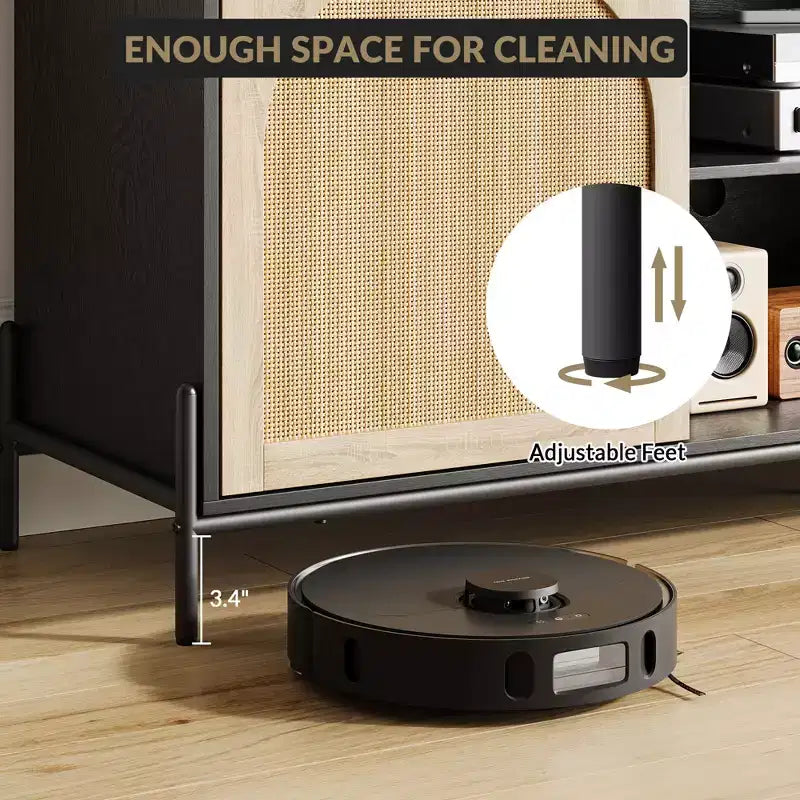 Mobile TV in Rattan con Tre Cassetti e Gambe in Metallo