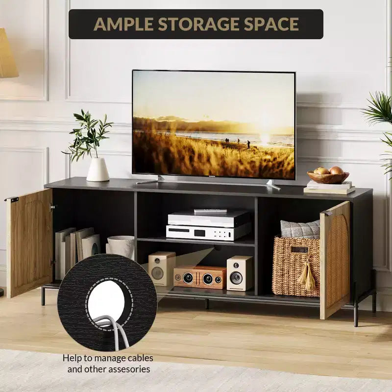 Mobile TV in Rattan con Tre Cassetti e Gambe in Metallo