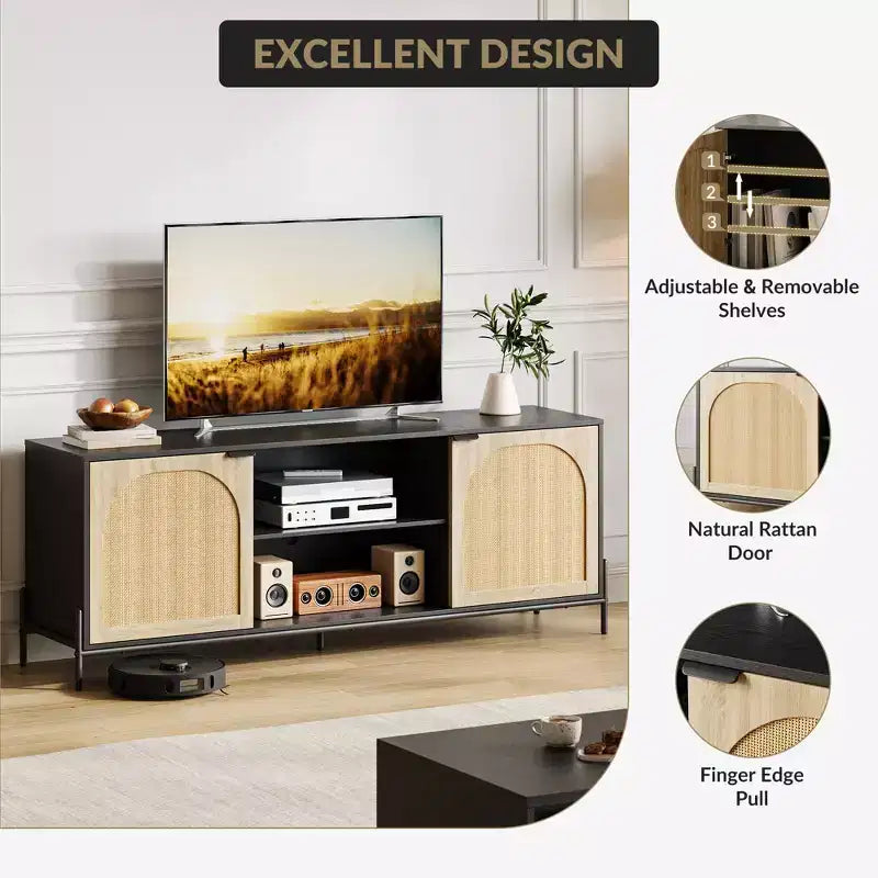 Mobile TV in Rattan con Tre Cassetti e Gambe in Metallo