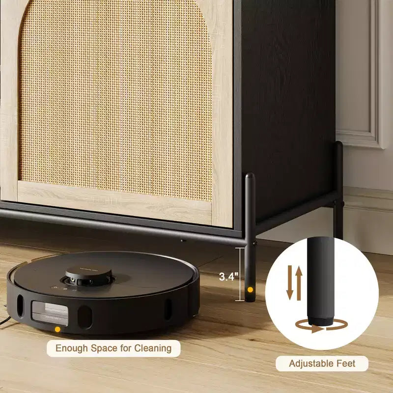 Mobile TV in Rattan con Tre Cassetti e Gambe in Metallo