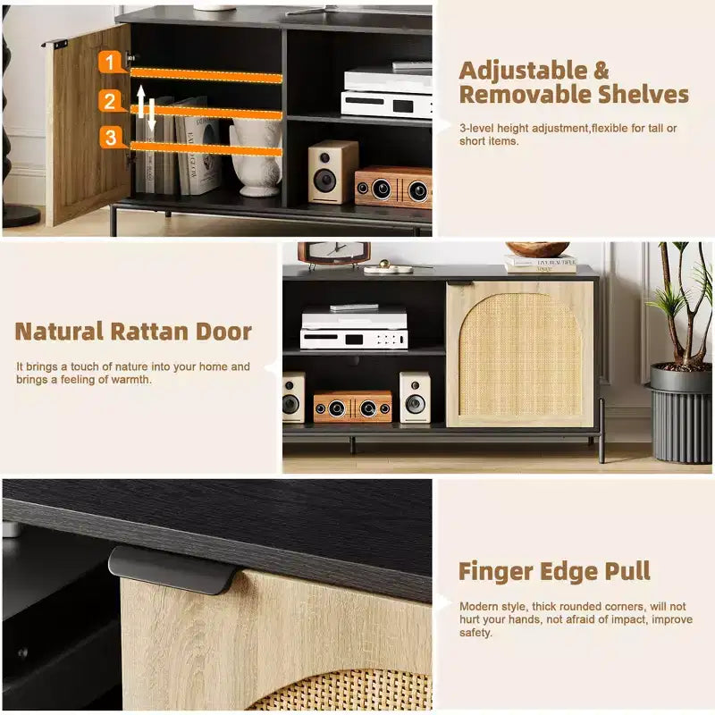 Mobile TV in Rattan con Tre Cassetti e Gambe in Metallo