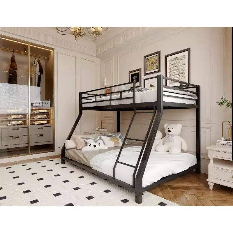 Letto a castello in metallo una piazza e mezzo con ringhiera di sicurezza e scaletta – Nero