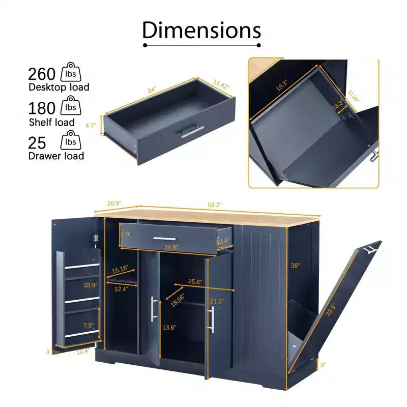 Isola da Cucina con Ante, Cassetto Centrale e Vano per Pattumiera – Mobile Contenitore su Ruote per Cucina e Sala da Pranzo