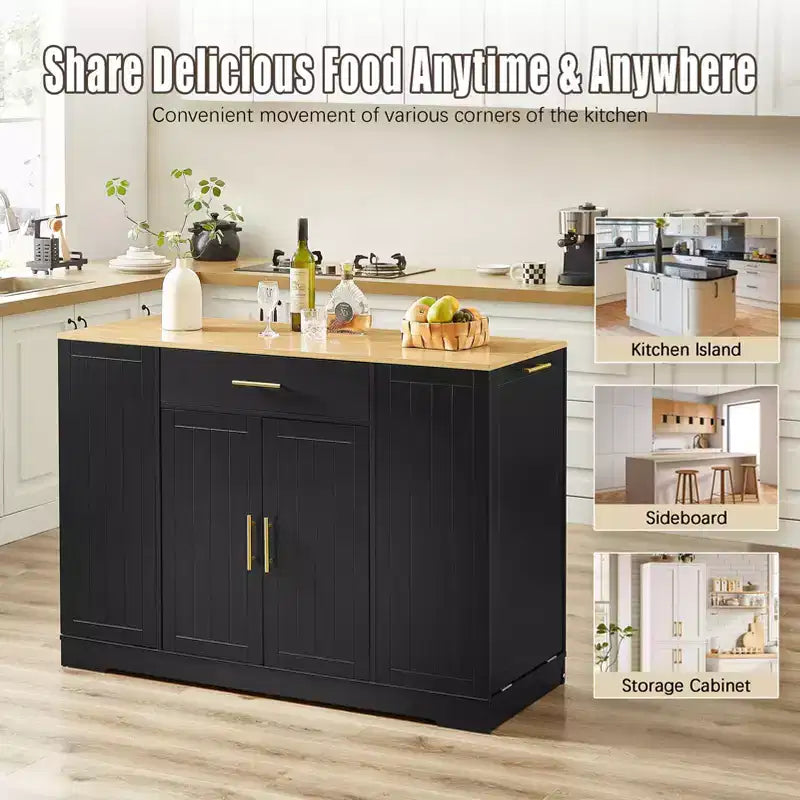Isola da Cucina con Ante, Cassetto Centrale e Vano per Pattumiera – Mobile Contenitore su Ruote per Cucina e Sala da Pranzo