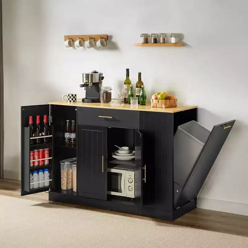 Isola da Cucina con Ante, Cassetto Centrale e Vano per Pattumiera – Mobile Contenitore su Ruote per Cucina e Sala da Pranzo