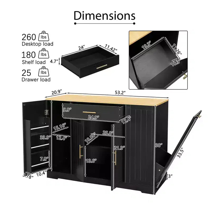 Isola da Cucina con Ante, Cassetto Centrale e Vano per Pattumiera – Mobile Contenitore su Ruote per Cucina e Sala da Pranzo