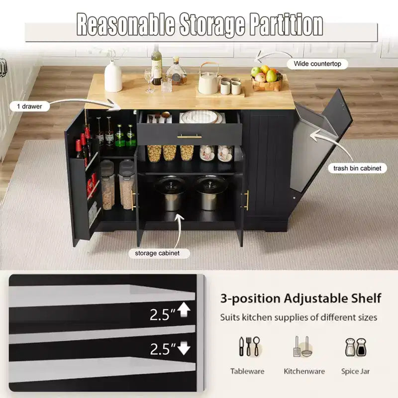 Isola da Cucina con Ante, Cassetto Centrale e Vano per Pattumiera – Mobile Contenitore su Ruote per Cucina e Sala da Pranzo