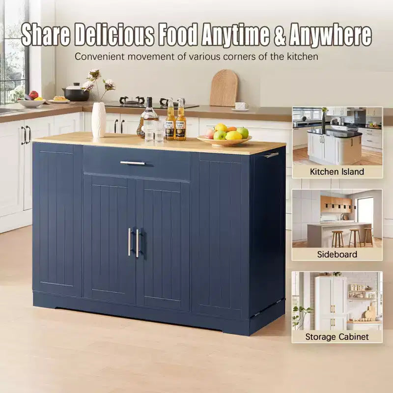 Isola da Cucina con Ante, Cassetto Centrale e Vano per Pattumiera – Mobile Contenitore su Ruote per Cucina e Sala da Pranzo