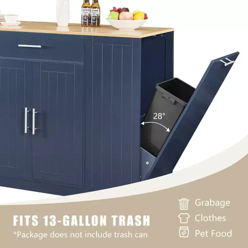 Isola da Cucina con Ante, Cassetto Centrale e Vano per Pattumiera – Mobile Contenitore su Ruote per Cucina e Sala da Pranzo