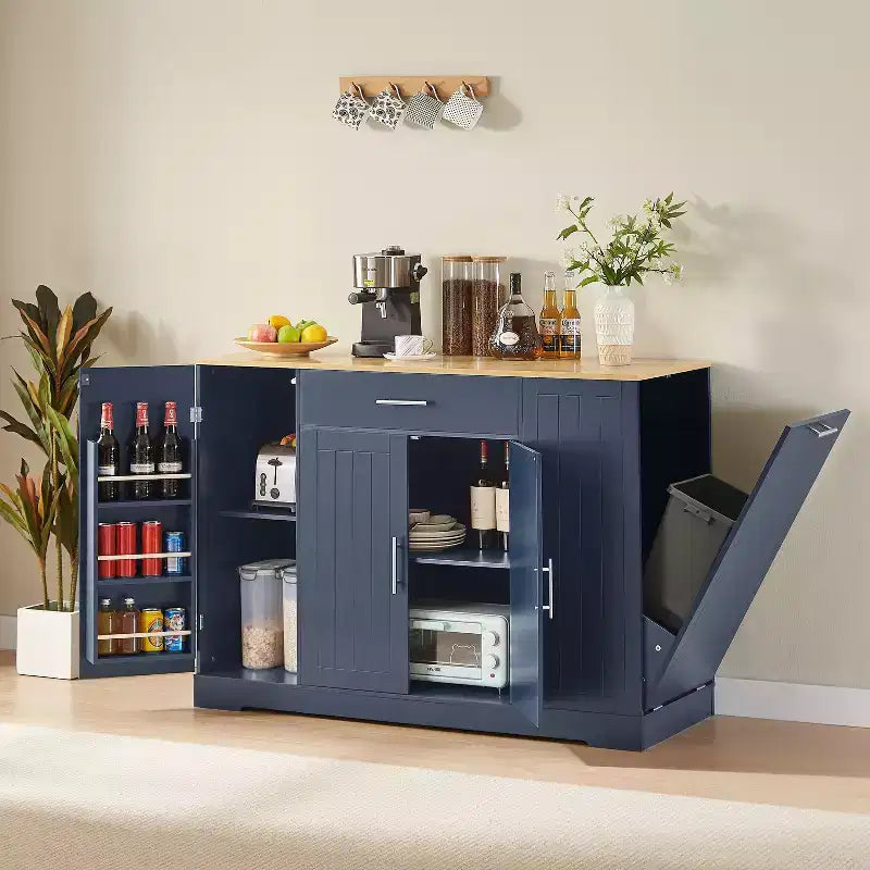 Isola da Cucina con Ante, Cassetto Centrale e Vano per Pattumiera – Mobile Contenitore su Ruote per Cucina e Sala da Pranzo