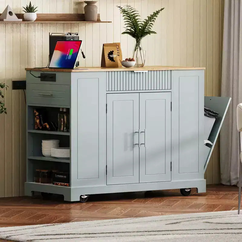 Isola da Cucina Mobile con Presa di Corrente, Cestino dei Rifiuti e Mobile Contenitore