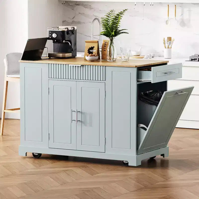 Isola da Cucina Mobile con Presa di Corrente, Cestino dei Rifiuti e Mobile Contenitore