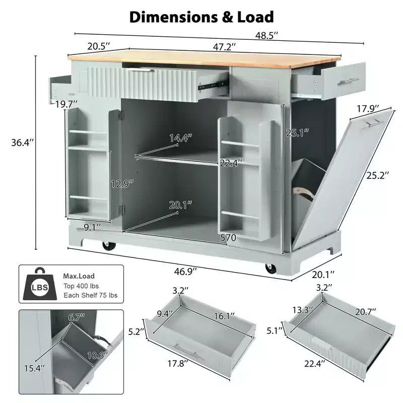 Isola da Cucina Mobile con Presa di Corrente, Cestino dei Rifiuti e Mobile Contenitore